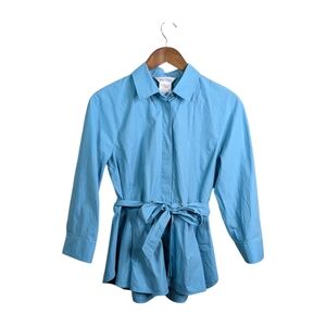 Max Mara Cuneo Button Up Shirt Top 12 Blue Belted Quiet Luxury Career Minimalist